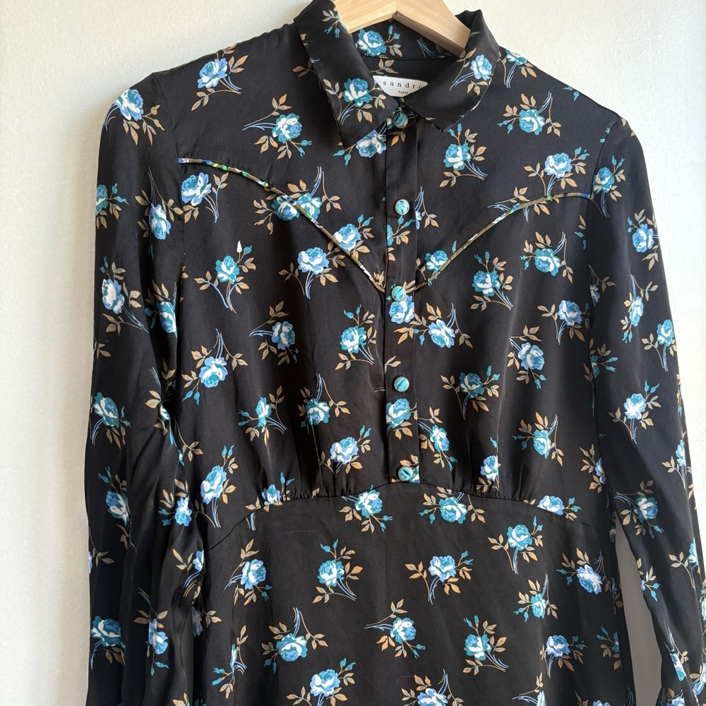 Sandro Paris Black Floral Button-Front Satin Dress- Size 38 (US 6) 100% Viscose - Picture 7 of 14